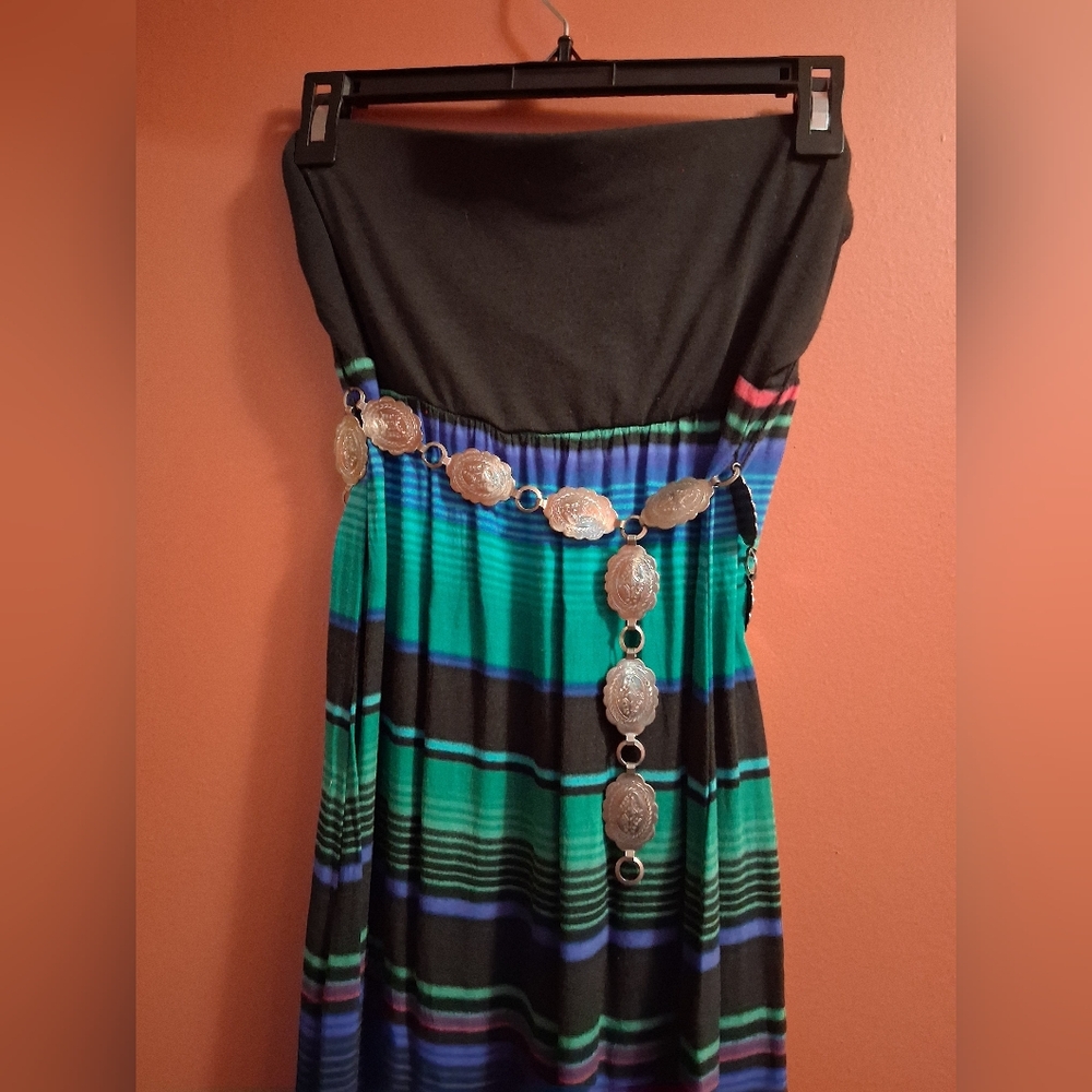 Black, Green and Pink Strapless Dress with Aztec print (L)